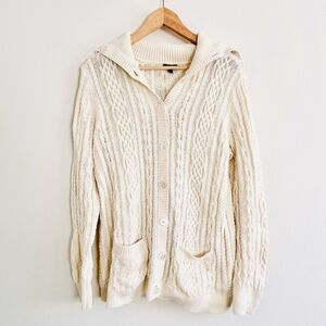 Talbots Cable Knit Fisherman Cardigan Sweater Size L Cream READ
